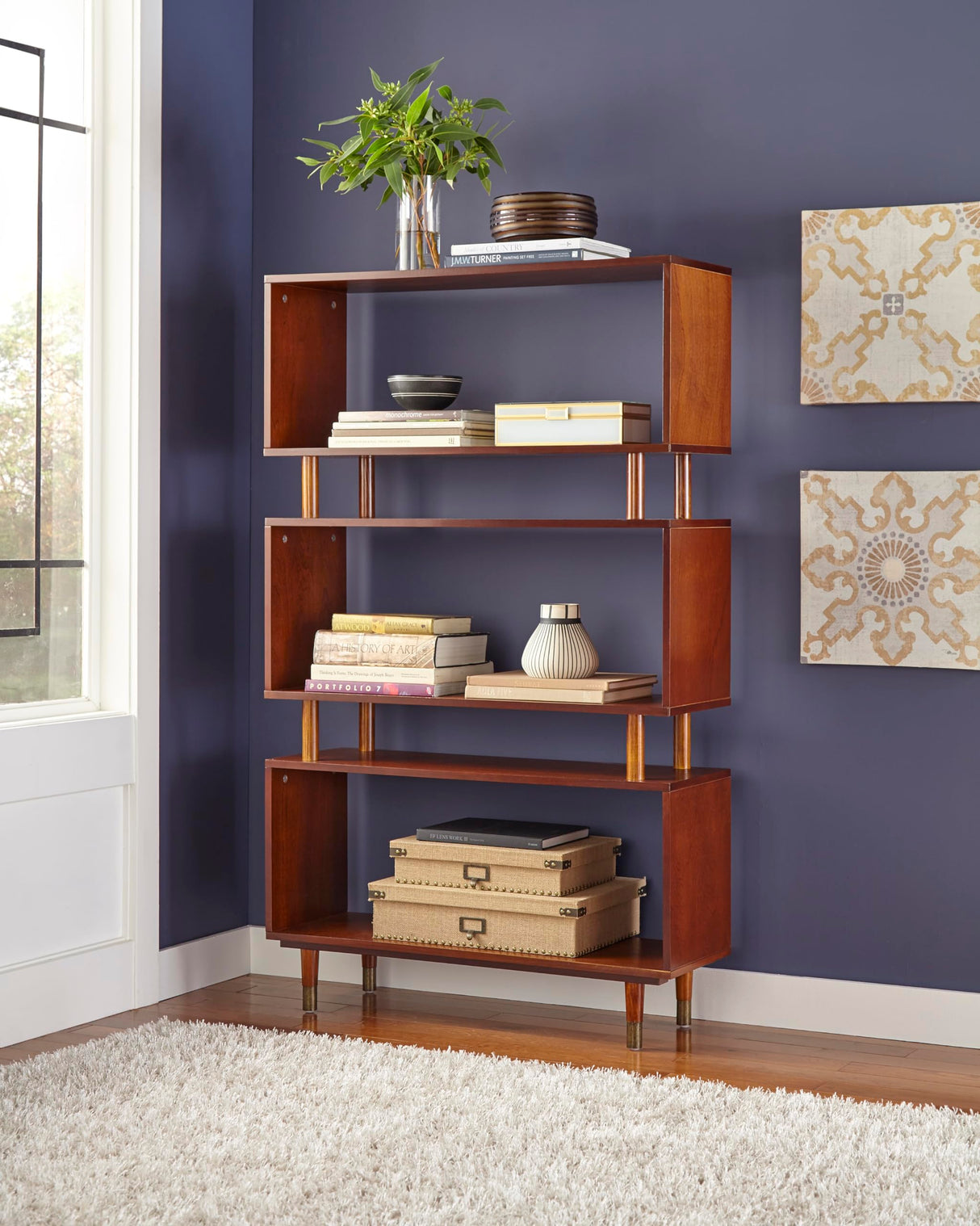 SilkWood Studio Margo 3 Tier Bookshelf, Mid Century Bookcase for Living Room, Bedroom Furniture & Home Office, Solid Wood Storage Shelves with Gold Legs, 59.5" Tall Modern Book Shelf, Walnut SilkWood Studio