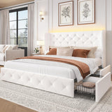 LARMACE Queen Size Bed Frame with Storage Drawers and Tufted Headboard Velvet Upholstered Platform Bed Frame with LED Light Wingback Beds with Wooden Slats Support, Easy Assembly, White LARMACE