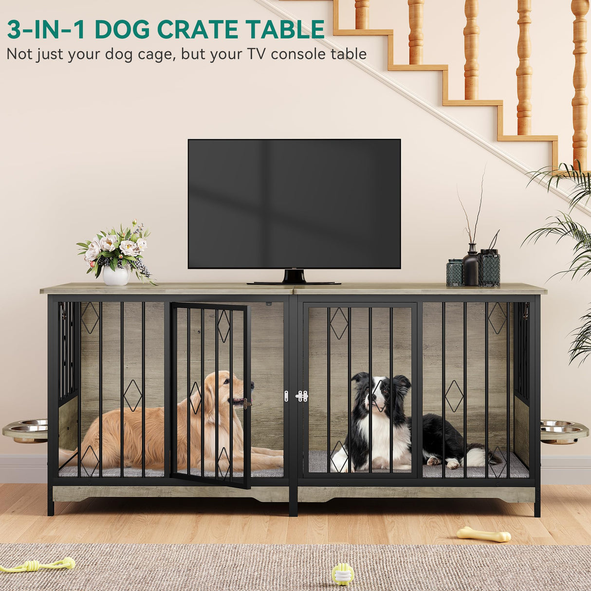 YITAHOME 71" Double Dog Crate Furniture with Divider, Wooden Large Dog Kennel with Flip-Top&4 Rotatable Bowls&2 Cushions, Dog Crate Furniture TV Stand for Medium Large Dogs, Grey YITAHOME