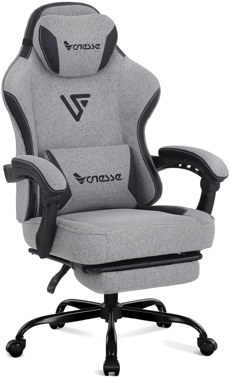 Vonesse Gaming Chair, Computer Chair Fabric with Pocket Spring Cushion, Office Chair with Footrest and Massage Lumbar Support, Reclining Gaming Chairs for Adults 250LBS (Grey) Vonesse