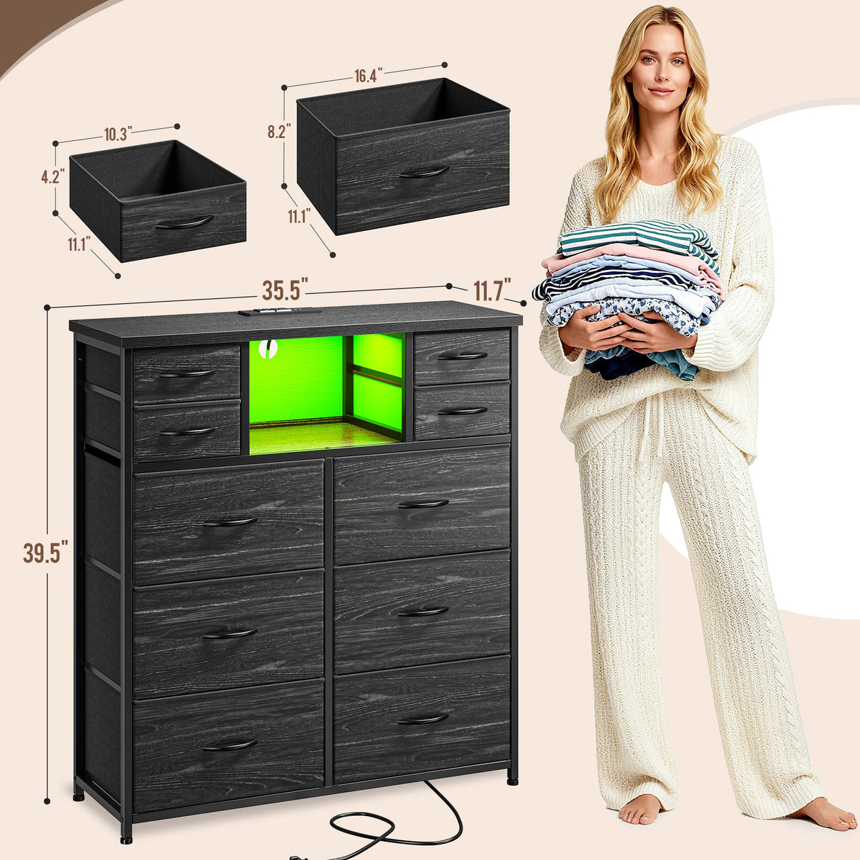 Romorgniz Dresser for Bedroom with 10 Drawers Featuring LED Light and Power Outlet, Fabric Dressers & Chest of Drawers with Open Shelves for Hallway, Living Room, Metal Frame,Wood Top,Grain Black Romorgniz