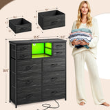 Romorgniz Dresser for Bedroom with 10 Drawers Featuring LED Light and Power Outlet, Fabric Dressers & Chest of Drawers with Open Shelves for Hallway, Living Room, Metal Frame,Wood Top,Grain Black Romorgniz