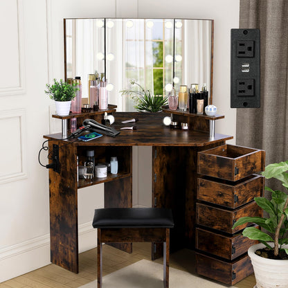 VOWNER Vanity with Lights - Makeup Vanity Desk with Power Outlet, 3 Color Lighting Options Brightness Adjustable, Vanity Table with 5 Rotating Drawers, Shelves and Stool for Bedroom, Rustic