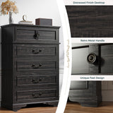 IRONCK 5 Drawer Dresser for Bedroom, Farmhouse Chest of Drawers with Charging Station, Vintage Drawer with Natural Texture, 47.8" Tall Dresser for Living Room, Hallway, Charcoal IRONCK
