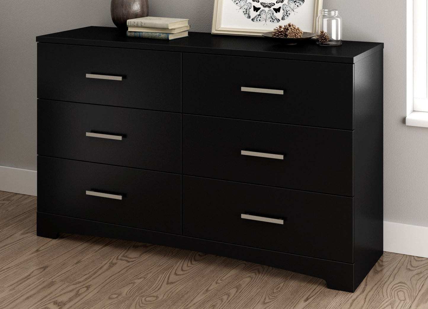 South Shore Gramercy 6-Drawer Double Dresser, Pure Black with Brushed Nickel Handles - WoodArtSupply