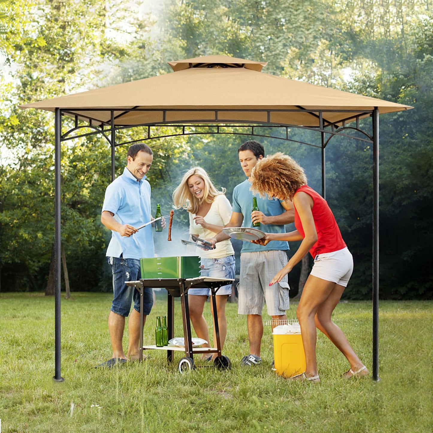 HETTRICK Gazebo Replacement Canopy 5x8 Shelter Double Tiered BBQ Cover Grill Shelter for Shop Garden Patio Yard Outdoor （Beige） - WoodArtSupply