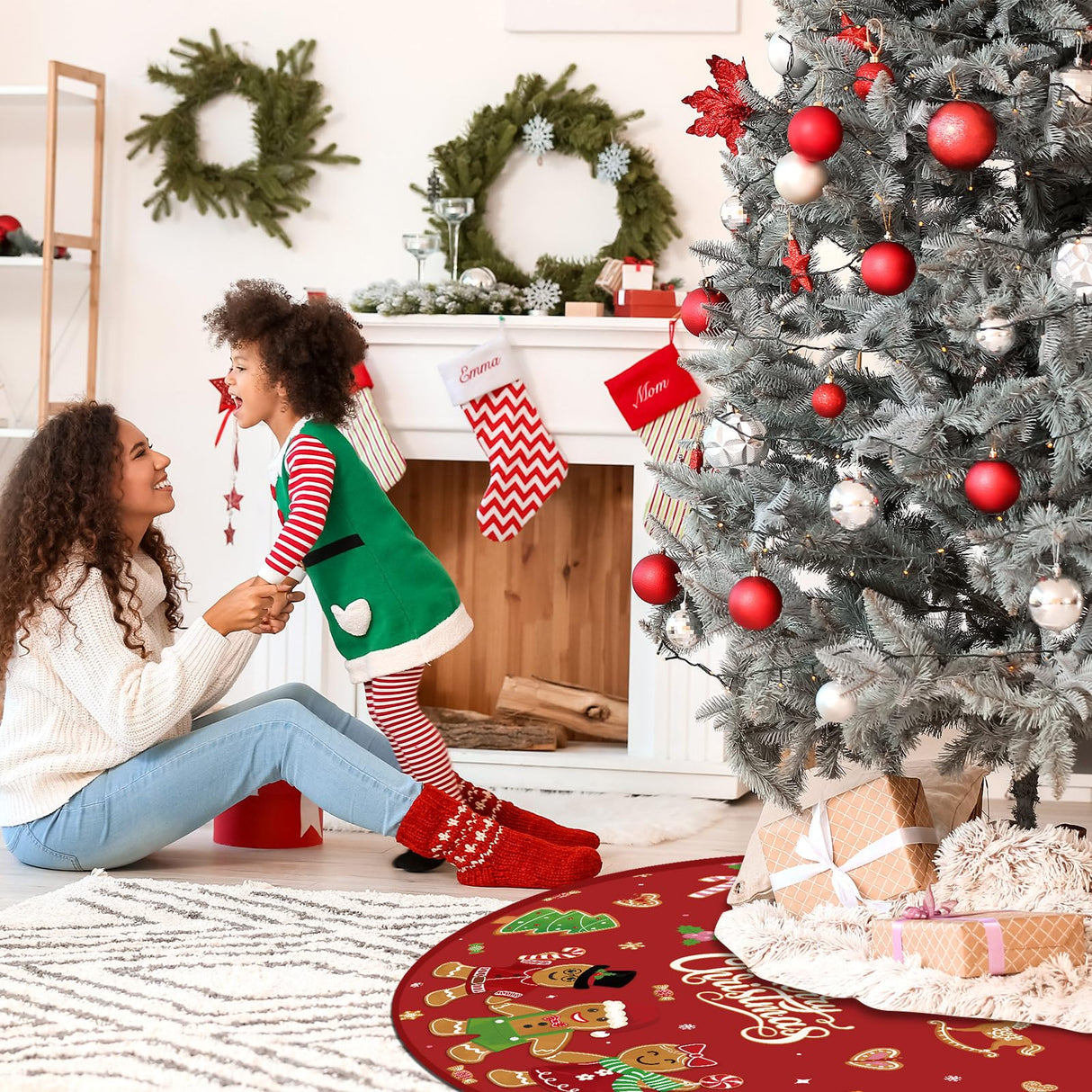 Marspark Merry Christmas Tree Skirt 48 Inch Gingerbread Man Christmas Tree Mat with Cute Candy Cane Snowflakes Xmas Ornaments for Winter Holiday Xmas New Year Party Decor Supplies(Red) Marspark