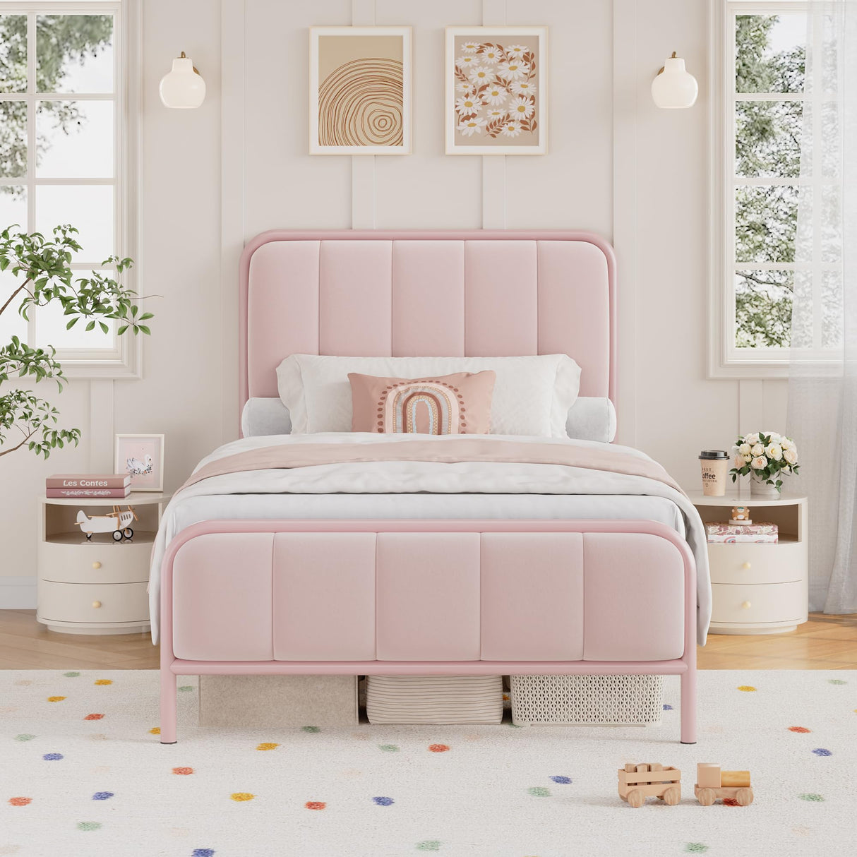 HITHOS Twin Size Bed Frame, Upholstered Pink Bed Frame with Button Tufted Headboard, Heavy Duty Metal Mattress Foundation with Wooden Slats, Easy Assembly, No Box Spring Needed (Pink, Twin) HITHOS