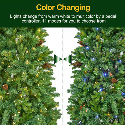 Hykolity 7.5 ft Prelit Slim Christmas Tree with 300 Multicolor Twinkling LED Lights, 1478 PE & PVC Realistic Tips, Artificial Christmas Tree with Pine Cones, Metal Stand and Hinged Branches, 11 Colors