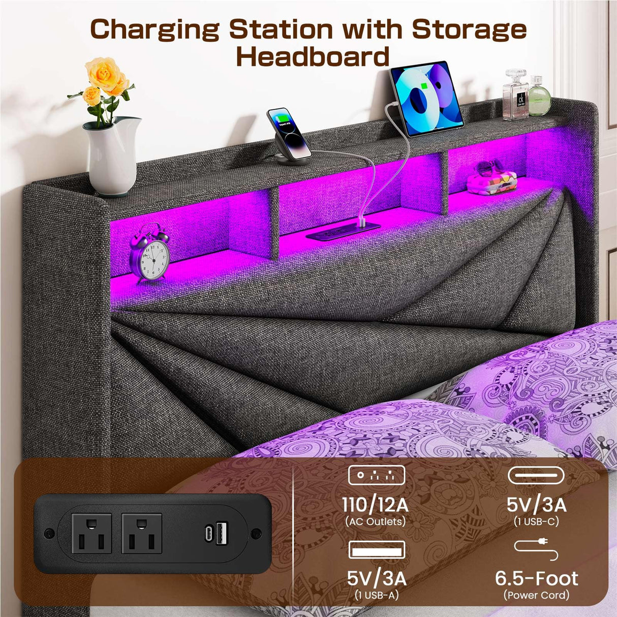 Driftalia LED King Size Bed Frame with 4 Storage Drawers, Upholstered King Bed Frame with 2-Tier Headboard and Charging Station, No Box Spring Needed, Easy to Assembly - Dark Grey Driftalia
