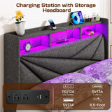 Driftalia LED King Size Bed Frame with 4 Storage Drawers, Upholstered King Bed Frame with 2-Tier Headboard and Charging Station, No Box Spring Needed, Easy to Assembly - Dark Grey Driftalia