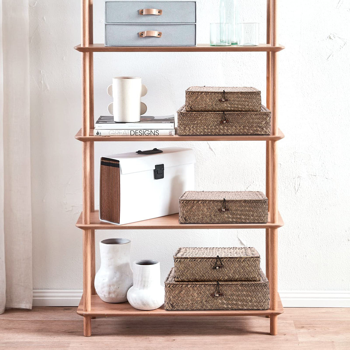 Hipiwe Flat Wicker Basket Bins with Lid - Set of 3 Handwoven Seagrass Storage Basket Shelf Baskets Boxes Multipurpose Home Organizer Bins Boxes for Shelf Pantry Closet,Large Size 14.8"x13" Coffee Hipiwe