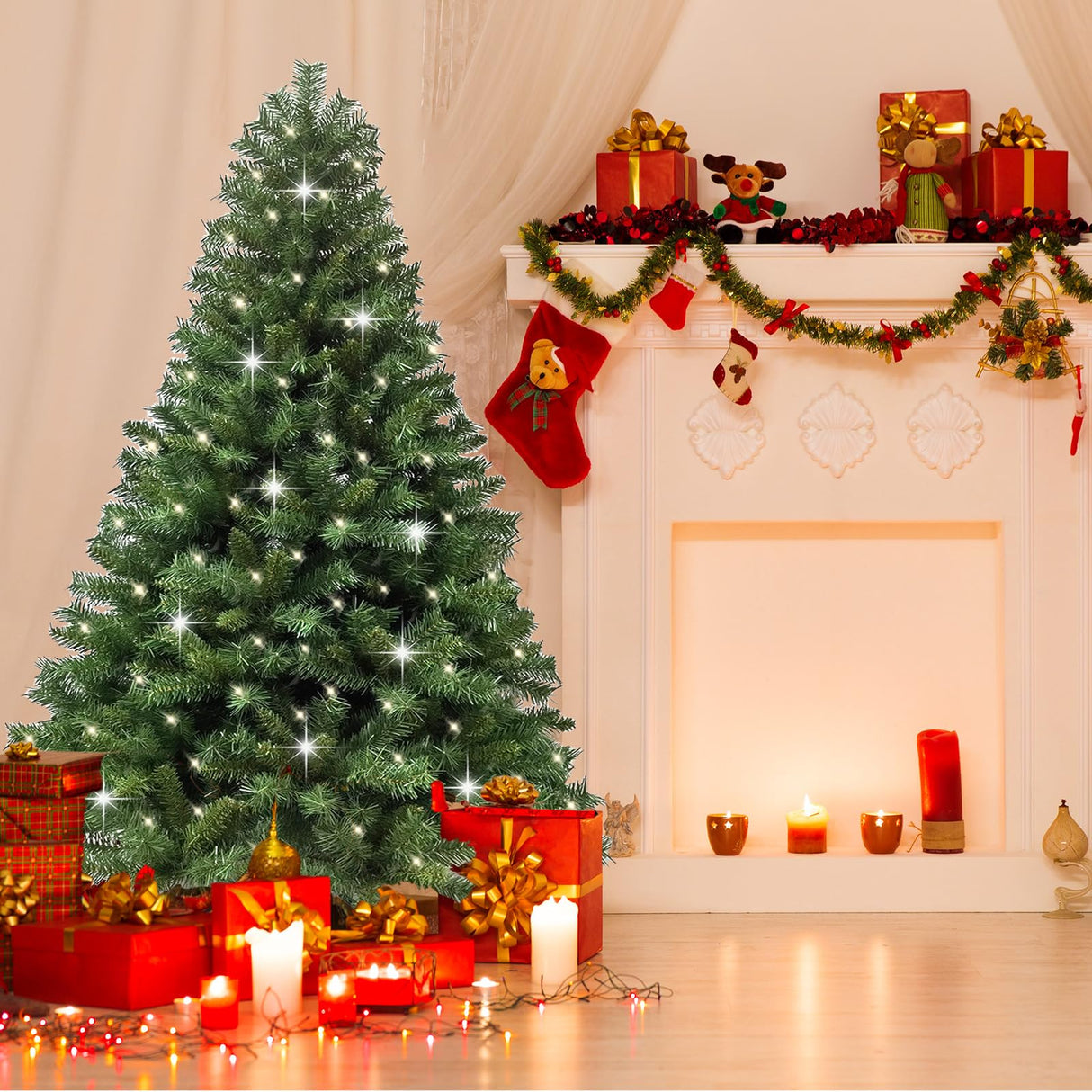 ibidan 8ft Green Artificial Christmas Tree with Led Lights, Premium Foldable Xmas Tree Full with Branch Tips, Faux Christmas Tree with Lights for Bedroom, Corner, Easy Assembly with Metal Stand ibidan