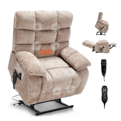 RHHVVR Oversized Power Lift Recliner Chair for Elderly, Dual Motor Lay Flat Recliner Big Chair with Massage and Heating, Chenille Electric Recliner Chairs for Living Room, Medium-Firm, Beige RHHVVR