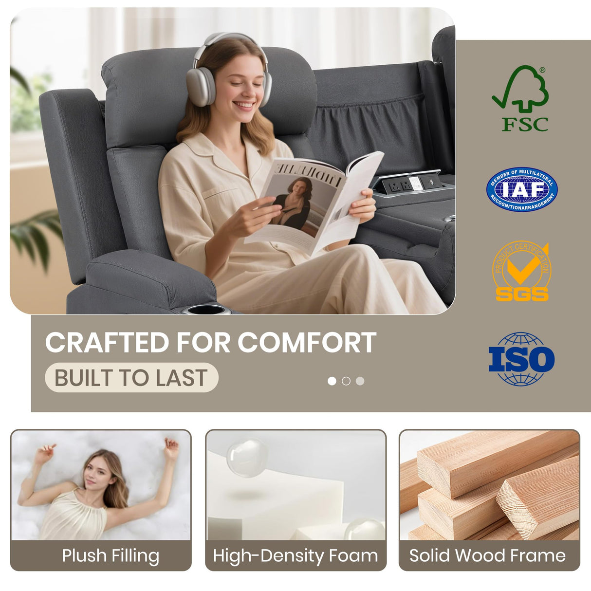 CALIVIA Wall Hugger Power Reclining Sofa with Manual Adjustable Headrests, Electric Recliner Couch with Drop-Down Table, Power Recliner Sofa 3-Seater with Charging Ports for Living Room (Grey) CALIVIA