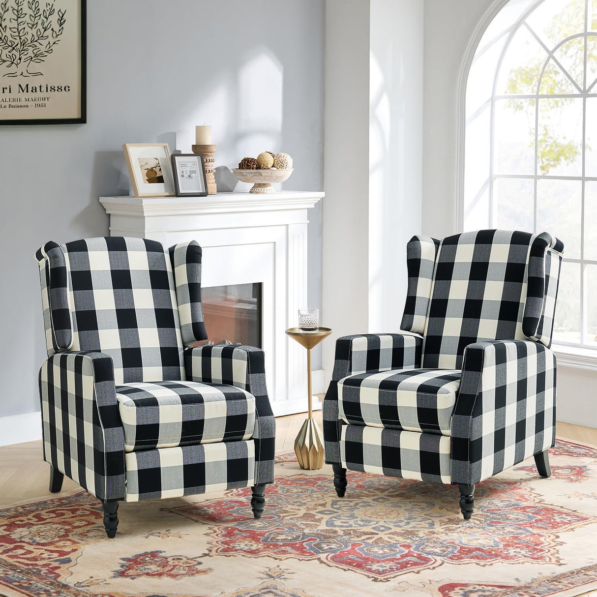 HULALA HOME Wingback Recliner Chairs Set of 2, Traditional Push Back Recliners with Solid Wood Legs, Modern Lounge Armchairs for Living Room, Comfy Upholstered Accent Reclining Chairs, Buffalo Black HULALA HOME