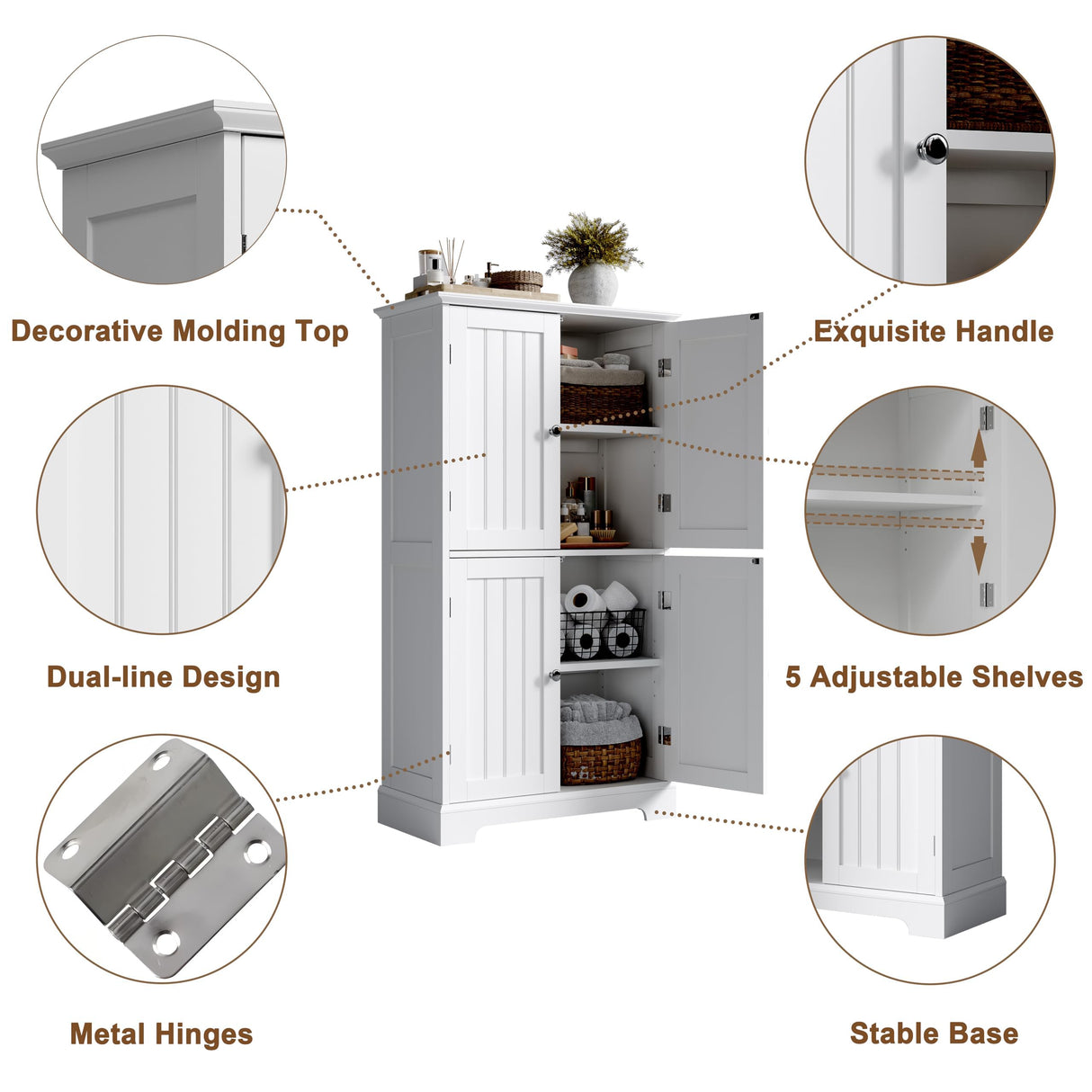 ChooChoo Bathroom Floor Cabinet, Modern Bathroom Storage Cabinet with 4 Doors and Adjustable Shelves, Freestanding Cupboard for Living Room, White ChooChoo
