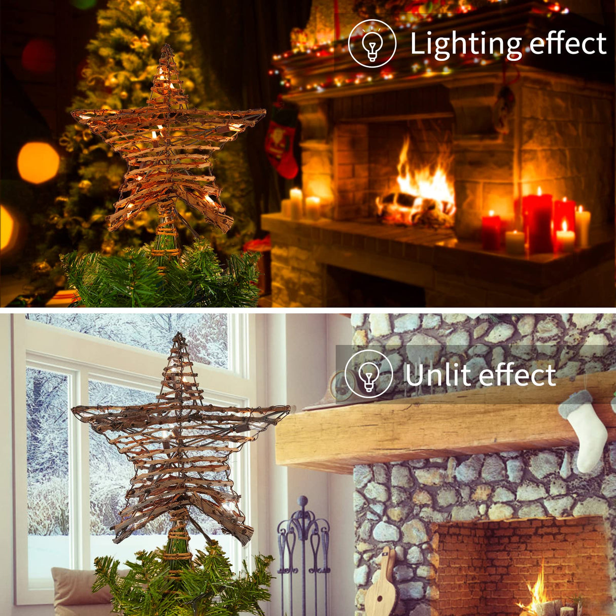 Christmas Star Tree Topper, Plug in 12" Rattan 3D Star Tree Topper, Rustic Rattan Natural Star, Built-in 10-Bulb String Lights for Christmas Tree Decoration New Year Holiday Home Office Indoor Brightown