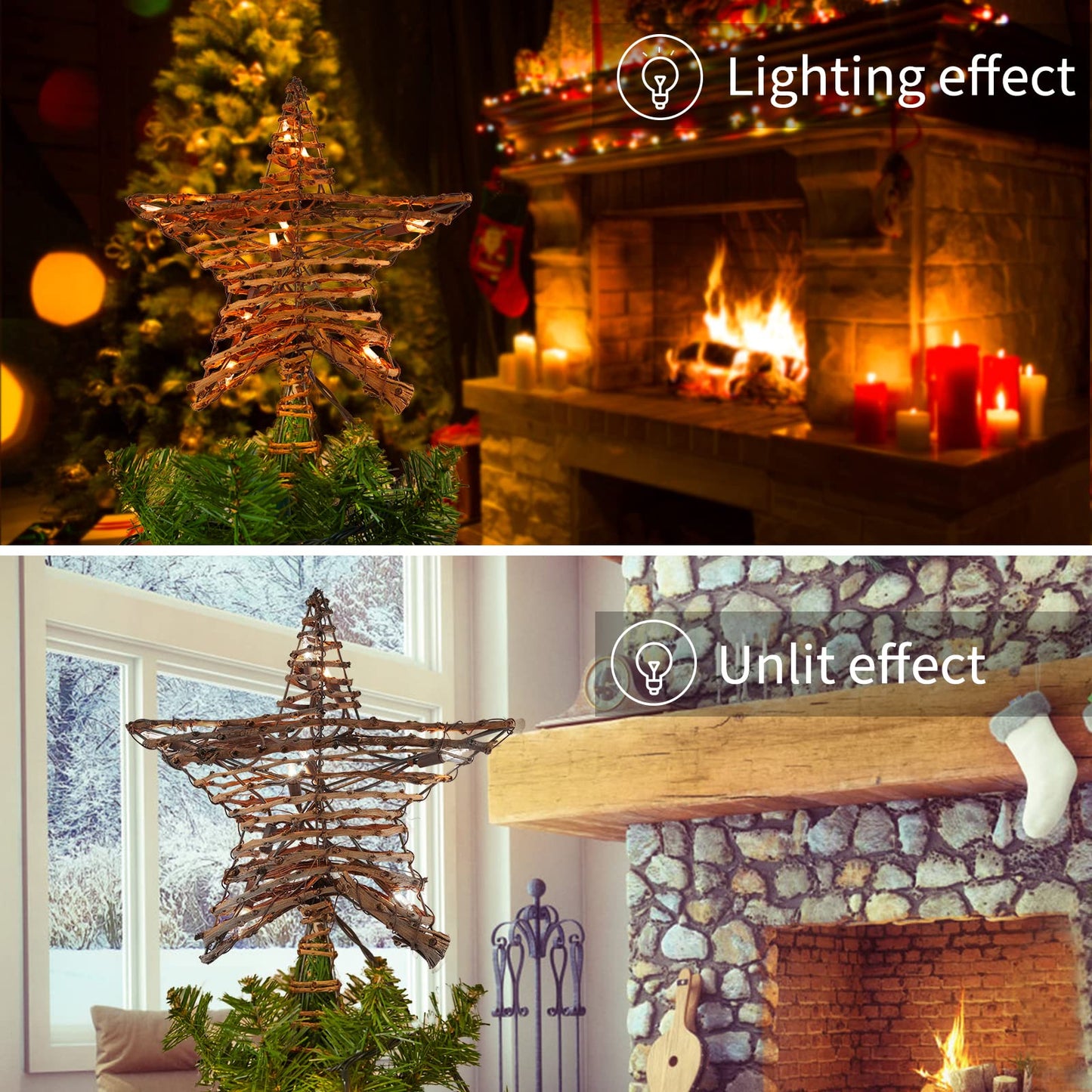 Christmas Star Tree Topper, Plug in 12" Rattan 3D Star Tree Topper, Rustic Rattan Natural Star, Built-in 10-Bulb String Lights for Christmas Tree Decoration New Year Holiday Home Office Indoor