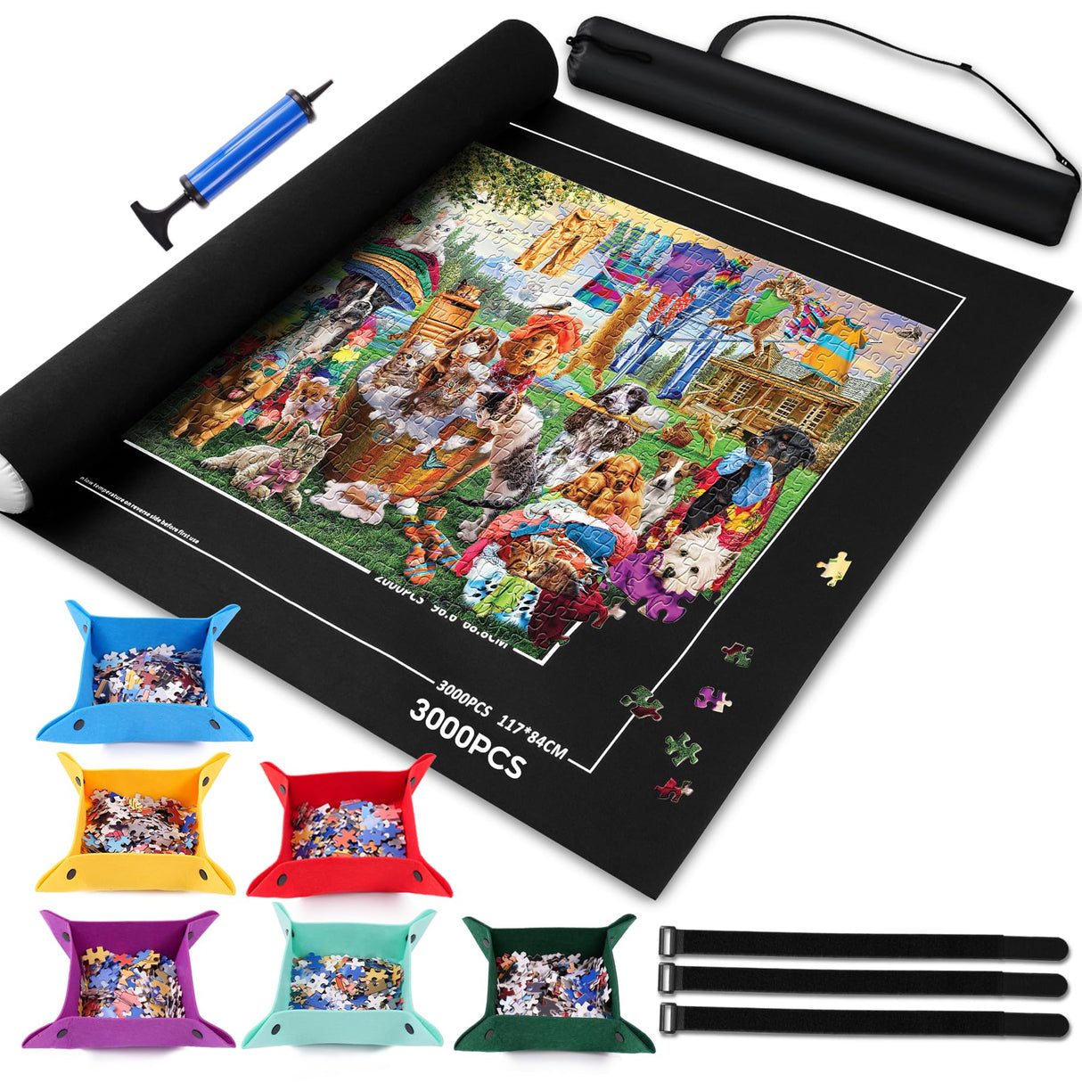 Jigsaw Puzzle Mat Roll Up to 1500 2000 3000 Piece Portable Table Puzzle Board Mat Saver Keeper with 6 Sorting Trays, Storage Bag, Inflatable Roller, Smooth Top & Non-Slip Felt Bottom for Kids Adults Brmoka