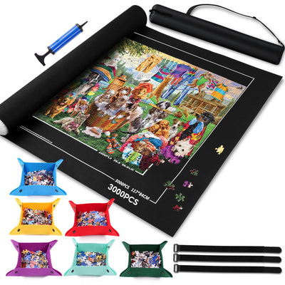 Jigsaw Puzzle Mat Roll Up to 1500 2000 3000 Piece Portable Table Puzzle Board Mat Saver Keeper with 6 Sorting Trays, Storage Bag, Inflatable Roller, Smooth Top & Non-Slip Felt Bottom for Kids Adults