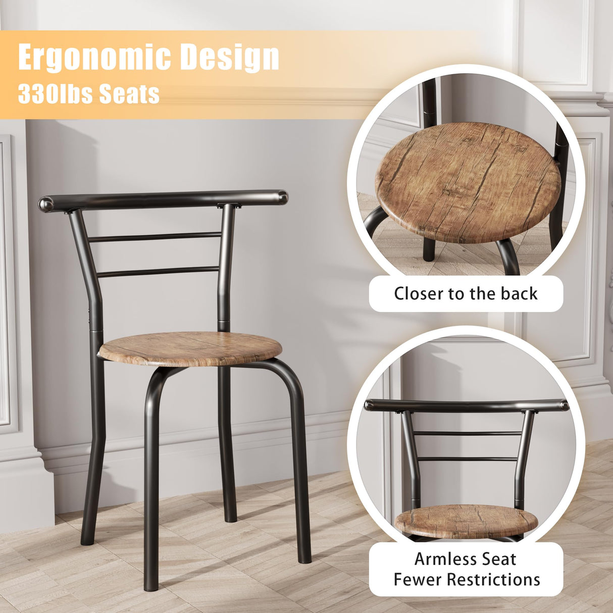 JUMMICO 3-Piece Wooden Round Table & Chair Set, Space Saving Kitchen Breakfast Nook Wood Grain Tabletop with Metal Frame and Built-in Wine Rack for JUMMICO