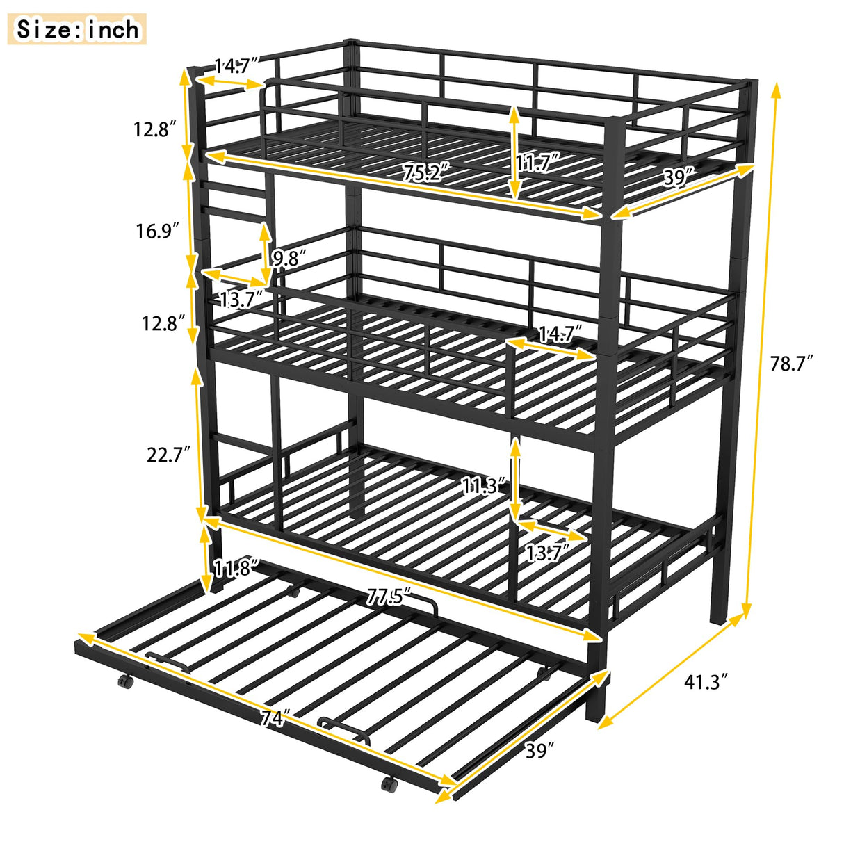 Triple Bunk Bed with Trundle Guardrail & Ladder Twin Size Metal, No Box Spring Needed, Easy Assemble Merax