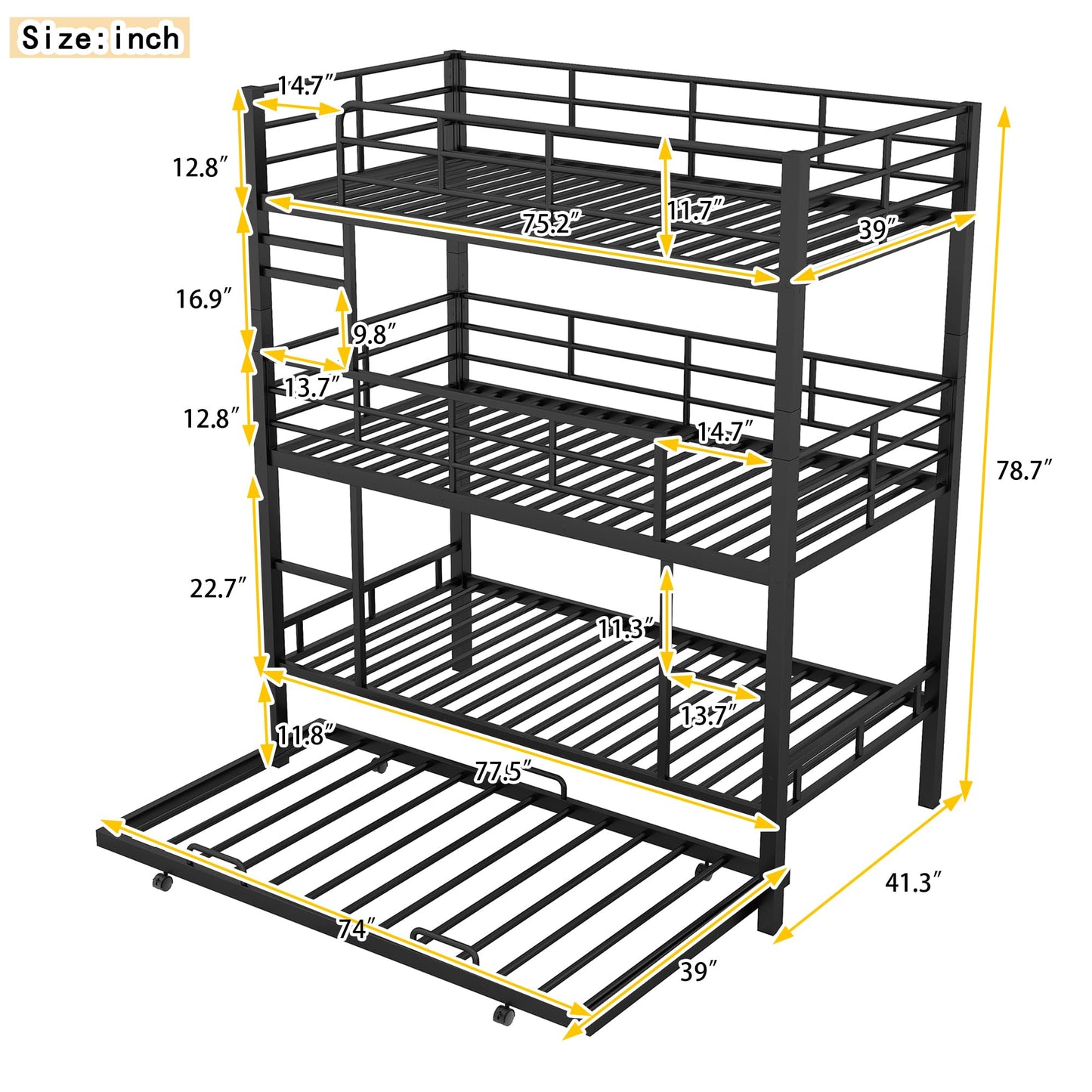 Triple Bunk Bed with Trundle Guardrail & Ladder Twin Size Metal, No Box Spring Needed, Easy Assemble