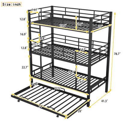 Triple Bunk Bed with Trundle Guardrail & Ladder Twin Size Metal, No Box Spring Needed, Easy Assemble