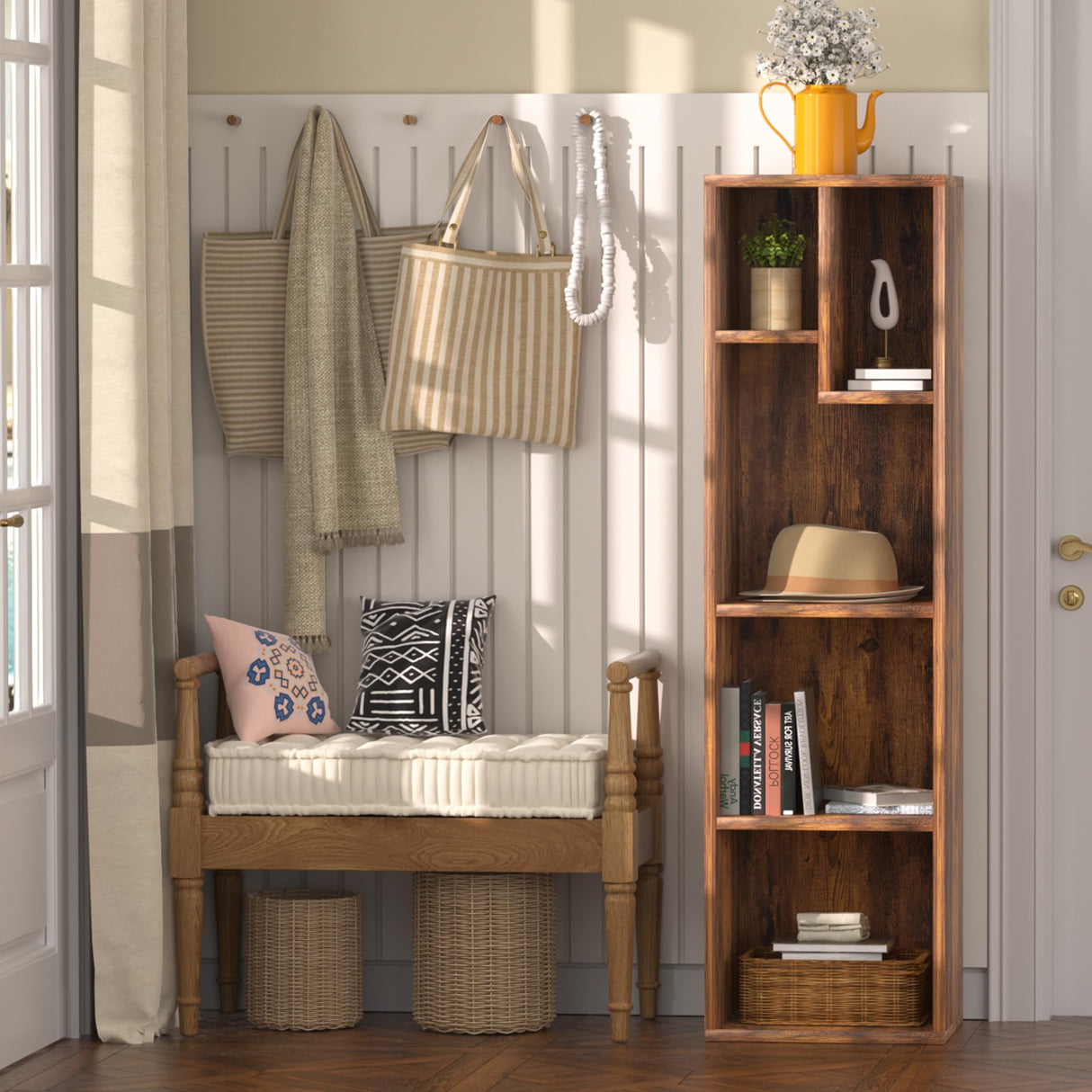 VECELO 4-Tier Bookcase, Modern Storage Cabinet with Height Difference Shelves for Standard Textbooks, 5 Cubes, Vertical or Horizontal, Easy Assembly, Rustic Brown VECELO