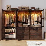 Hlivelood 75" Tall Farmhouse 6 Doors Armoire Wardrobe Closet with 6 Drawers and LED,Freestanding Closet Wardrobe Cabinet for Bedroom with Hanging Rod,Wooden Armoire Storage Cabinet(Brown 6 Doors 2) Hlivelood