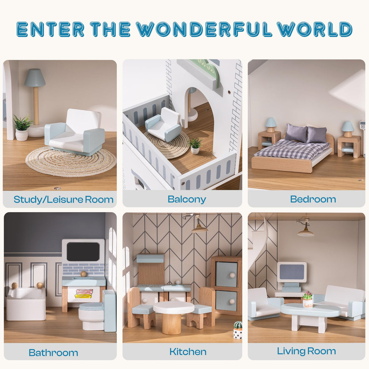 ROBOTIME Wooden Dollhouse, Wooden Doll House with 29 Pieces of Furniture, 6 Rooms Fits 4-6 Inch Dolls, Gift for Kids Ages 3+ ROBOTIME