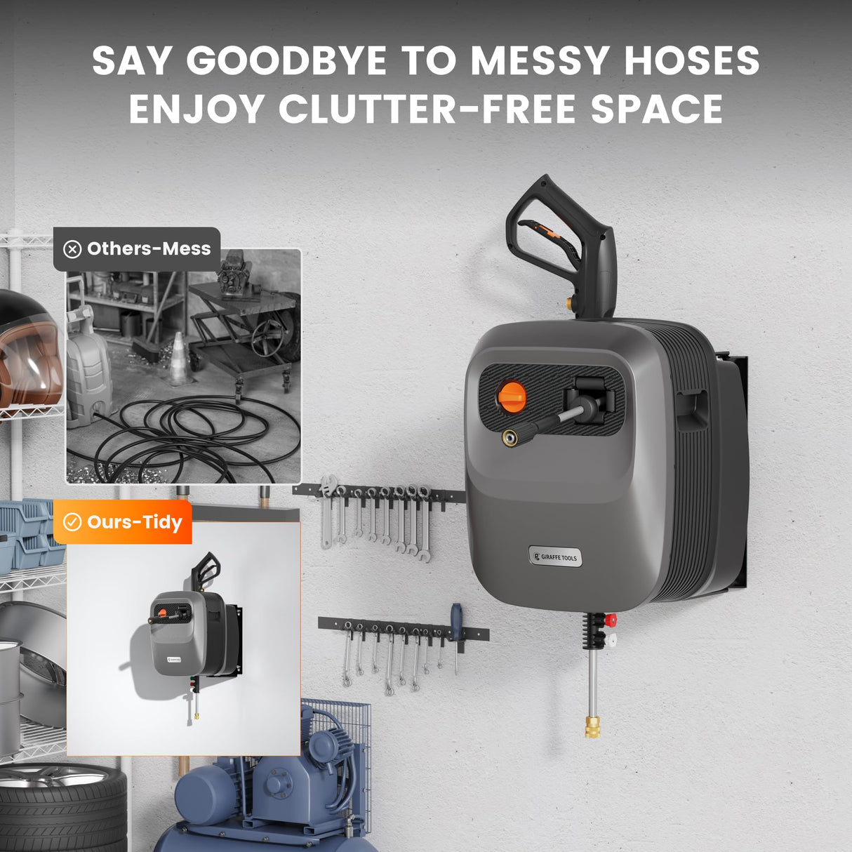 Giraffe Tools Grandfalls Pressure Washer G20 Pro, 2400 PSI 2.0 GPM, Wall Mounted Power Washer with 65FT Hose Reel, 4 Nozzles for Floor/Cars/Fences/Patios, Dark Silver Giraffe Tools