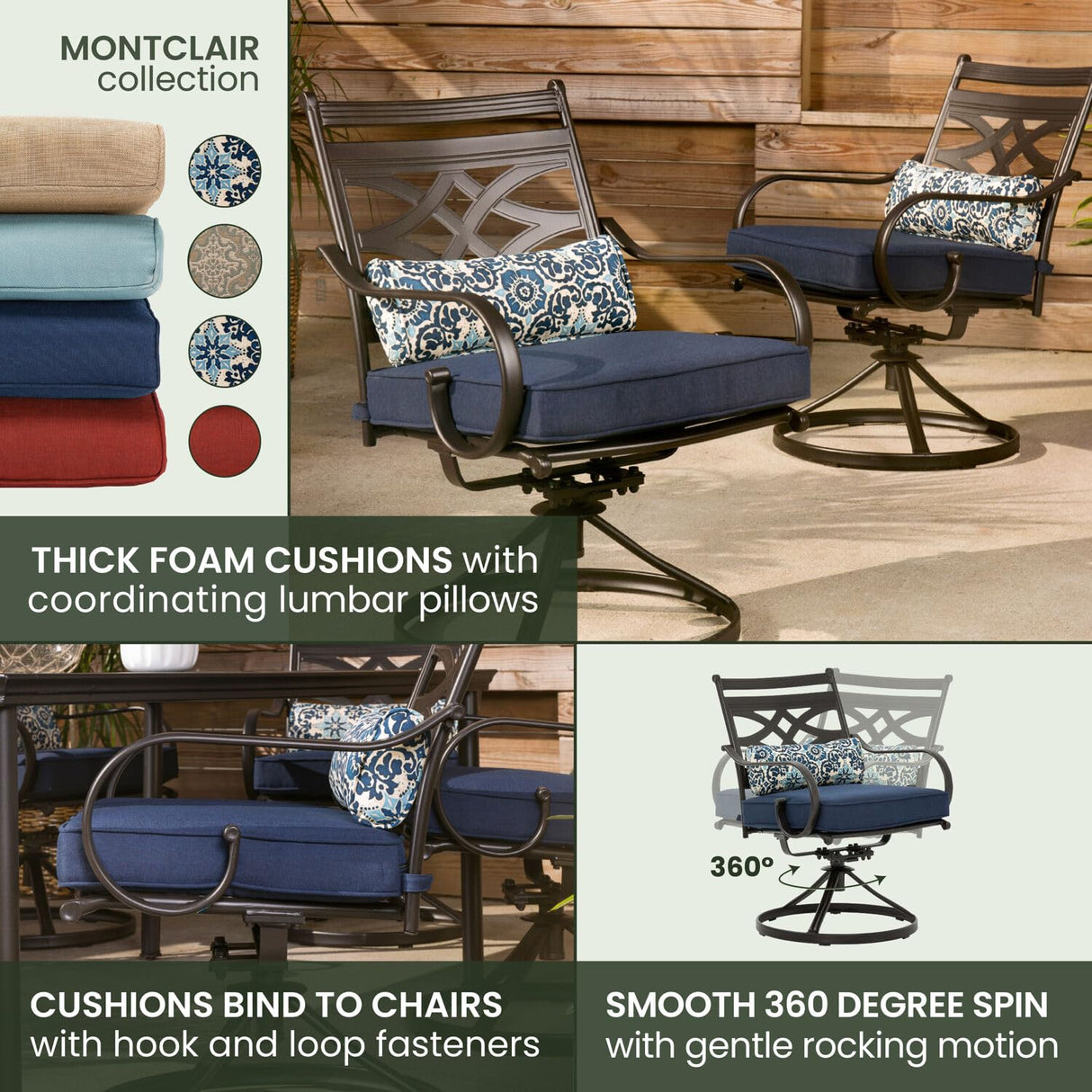 Hanover Montclair 11-Piece Patio Dining Set with 10 Swivel Rocker Chairs, Accent Lumbar Pillows and 84"x60" Steel Stamped Rectangular Table, Large Outdoor Patio Dining Set for 10, Navy Blue Hanover