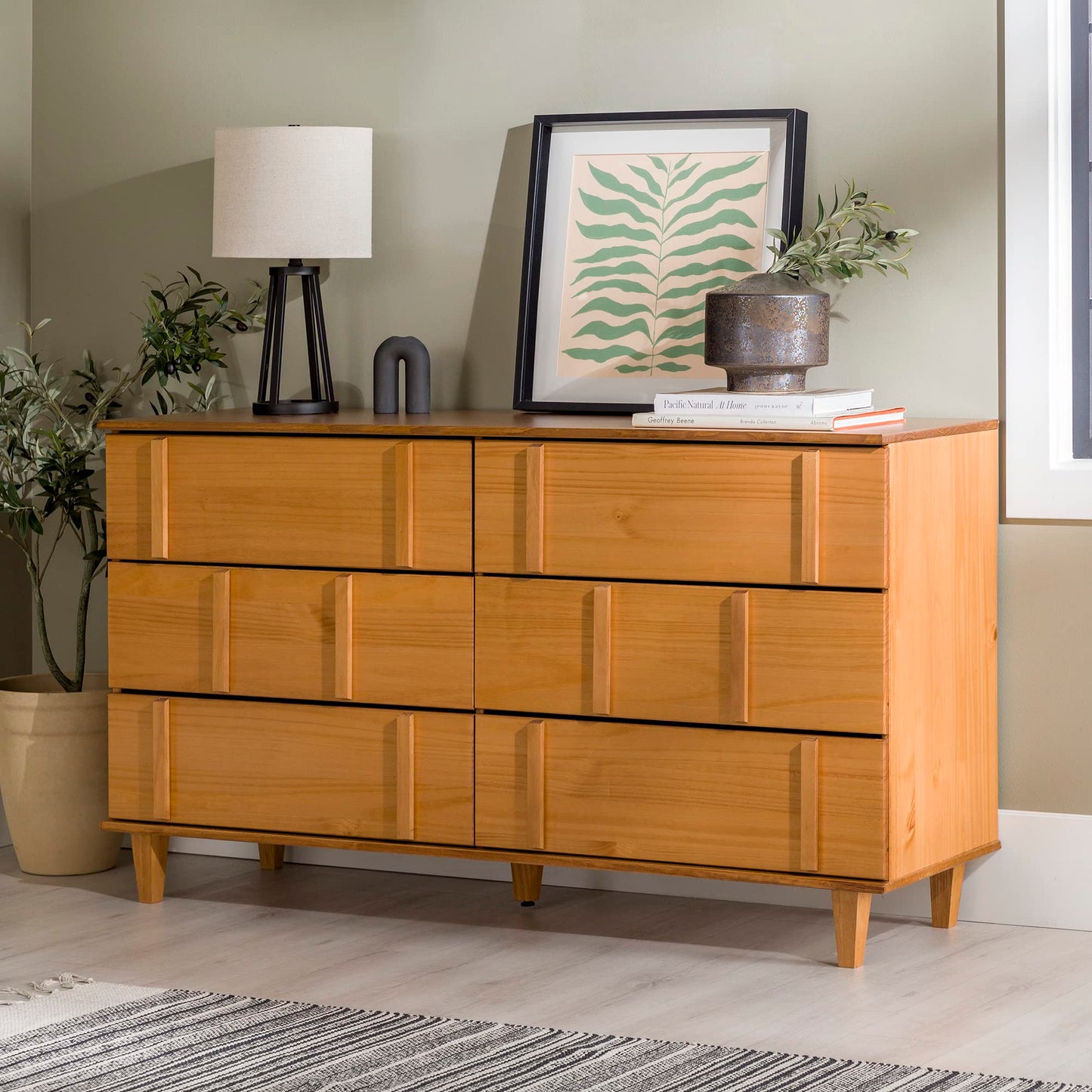 Walker Edison Contemporary Detailed 6-Drawer Solid Wood Dresser, 60 Inch, Caramel-T - WoodArtSupply