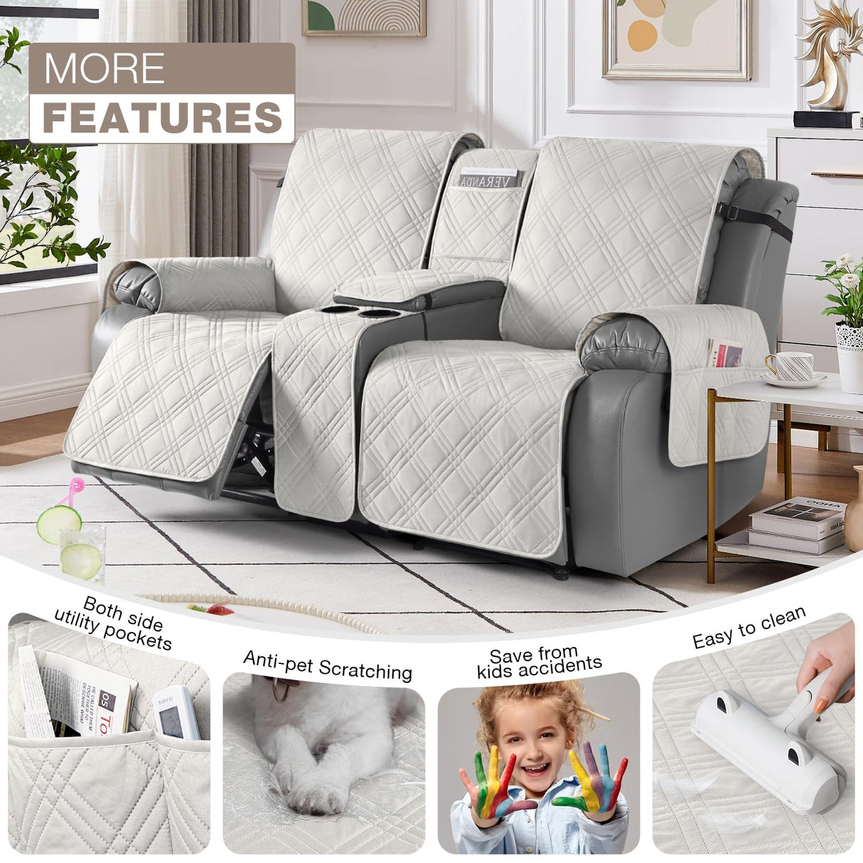 TAOCOCO Loveseat Recliner Cover with Console, Non-Slip Split Reclining Pet Cover for Dual Loveseat Recliner, Furniture Protector with Elastic Straps (2 Seater, Off White) TAOCOCO