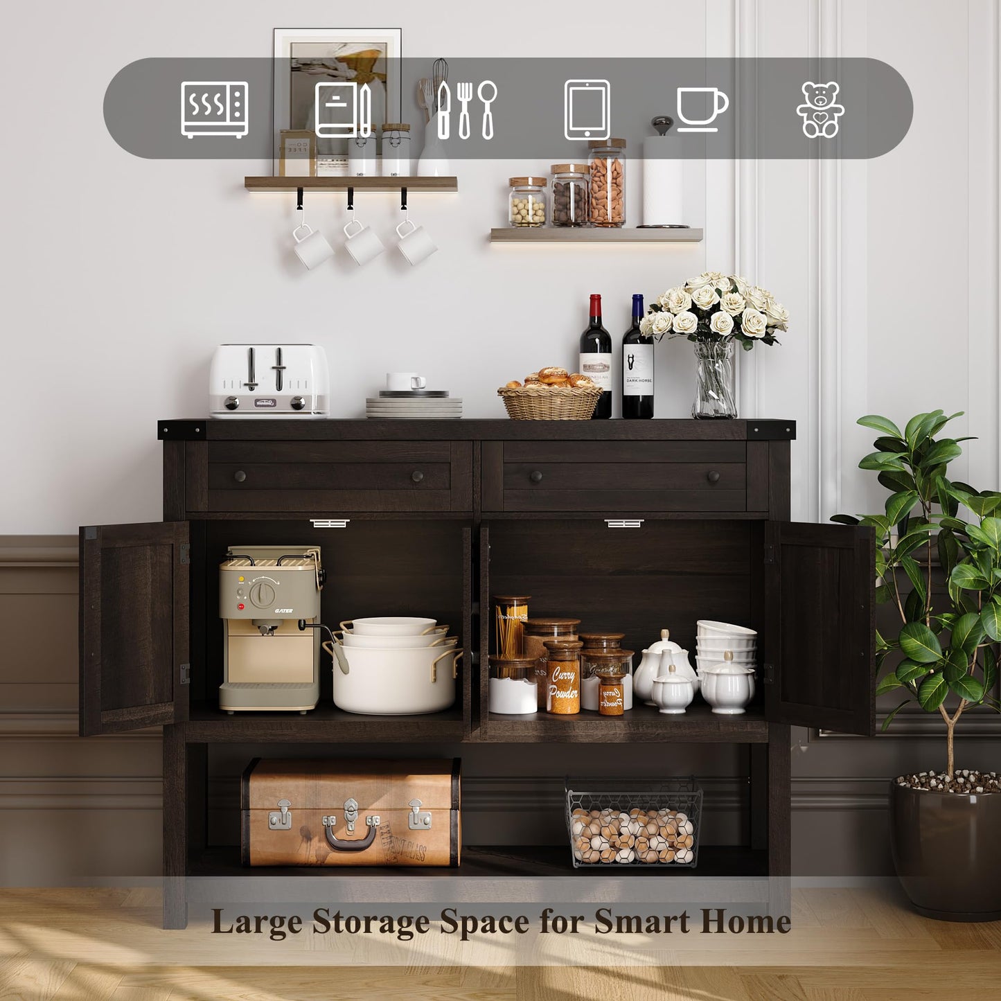 HOSTACK Buffet Sideboard Cabinet with Storage, 47.2" Modern Farmhouse Coffee Bar with 2 Drawers, Barn Door Console Table with Shelf for Kitchen, Dining Room, Living Room, Entryway (Dark Brown - WoodArtSupply