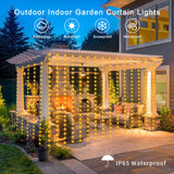 Solar Curtain Lights 7.9ft x 6ft 144 LED Outdoor Curtain Lights Waterproof with Timer 8 Modes for Christmas Garden Patio Fence Wedding Wall Window Gazebo Decor - Warm White echosari