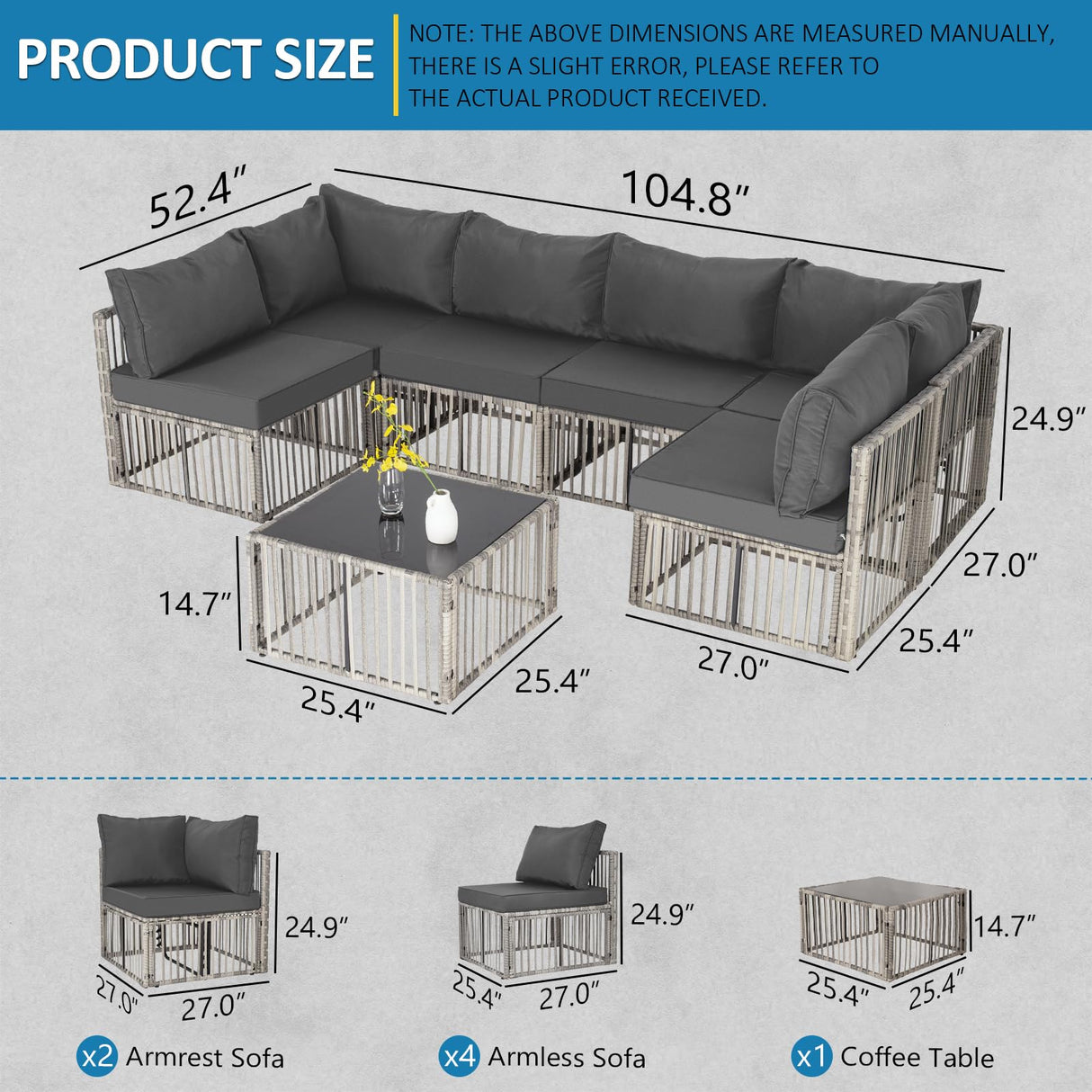 FHFO 7 Pieces Outdoor Patio Furniture Set, Wicker Outdoor Sectional Conversation Couch Set with Adjustable Backrest Sofa, Grey Cushions & Coffee Table for Outside,Garden,Deck,Grey FHFO