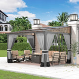 Gotland 10FTx12FT Outdoor Wall-Mounted Hardtop Pergola, Metal Frame Gazebo with Sloping Sun Panel Roof and Double Curtains for Patio, Garden, Lawn, Grey Gotland