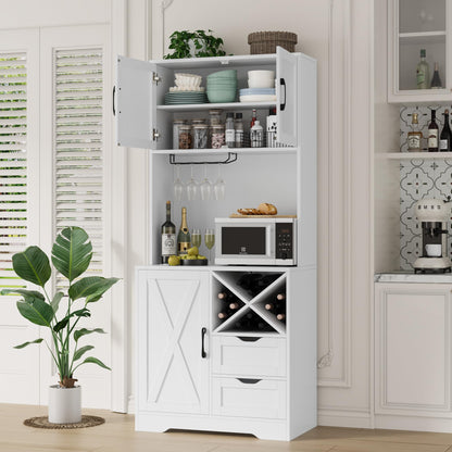 BOTLOG 71" Kitchen Hutch, Pantry Cabinet with Microwave Stand, Freestanding Buffet with Hutch, Adjustable Shelf, 3 Glass Doors, 2 Drawers, for Home, Dining Room, White - WoodArtSupply