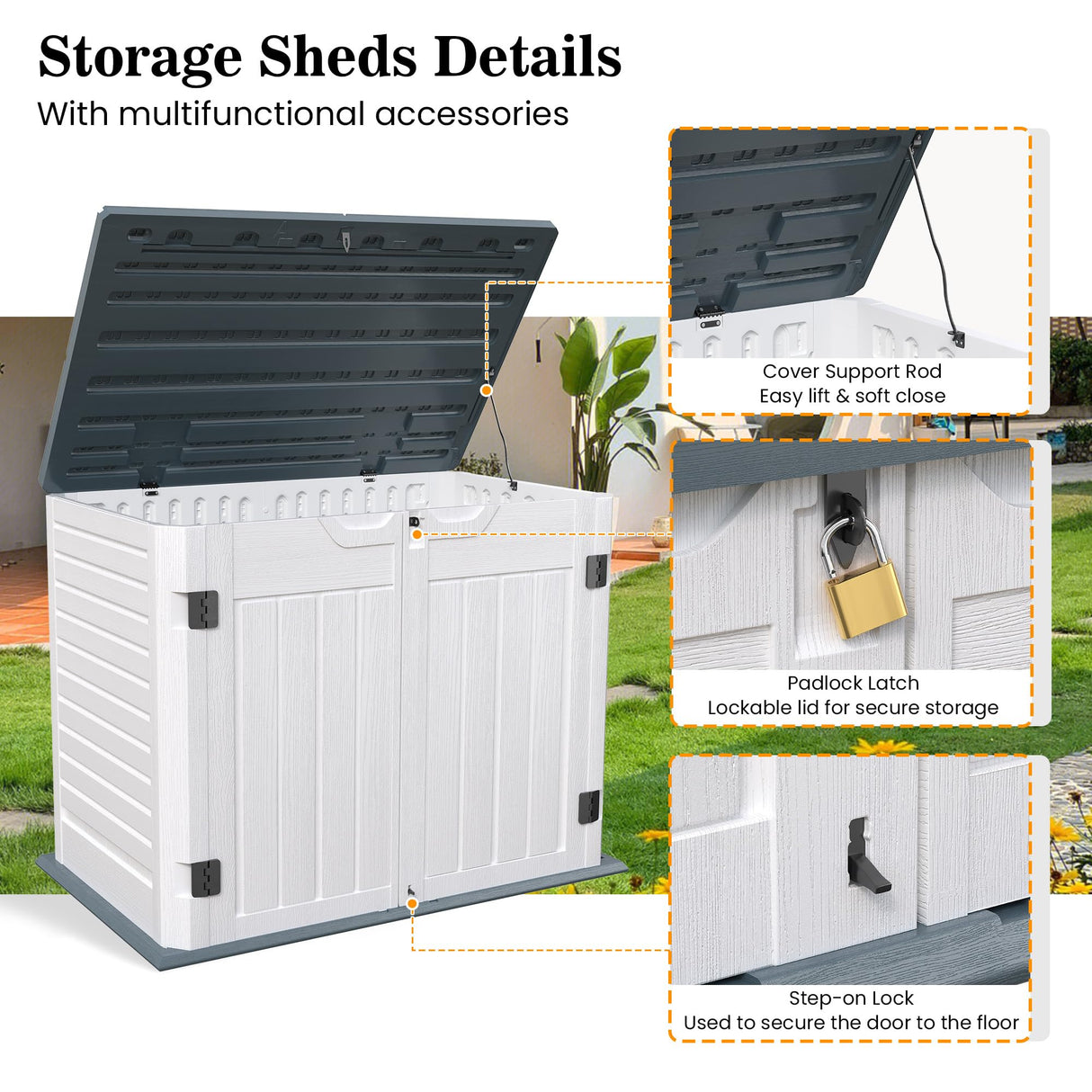 UDPATIO Outdoor Storage Cabinet 35 Cu Ft, Resin Horizontal Outdoor Trash Can Storage Box Lockable Shed 4 x 2 ft for Garbage, Garden Tools, Lawn Mowers UDPATIO