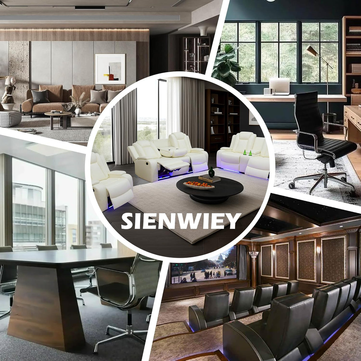 SIENWIEY Power Leather Recliner Set for Living Room, Electric Reclining Sofa and Loveseat Set with LED Lights, White Leather Sofa Set 2 Pieces with 3 Seats Sofa，Double Recliner Loveseat SIENWIEY