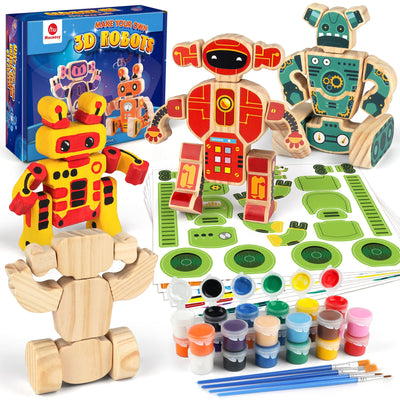 Mocoosy 4 Wooden Robot Toys for Kids Ages 3-5, Building & Painting Your Own Robot Craft Kit with Paints and Stickers, Wood Robot Painting Art Supplies Educational Gift for 6 8 10 12 Years Old