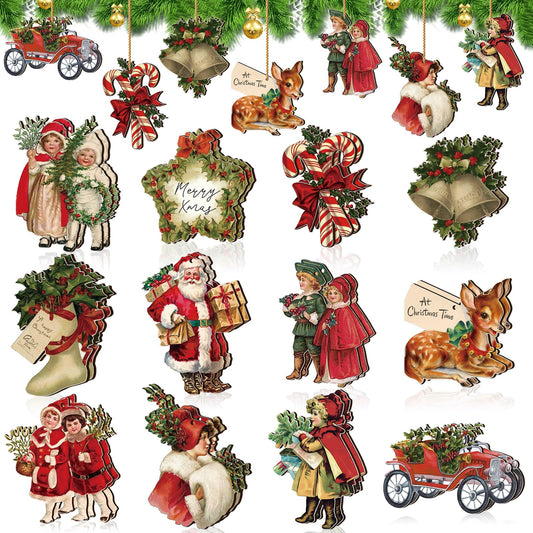 Geelin 24 Pcs Vintage Christmas Ornaments Wooden Victorian Christmas Decorations for Tree Santa Claus Candy Cane Wood Cutout Xmas Decor for Tree Home