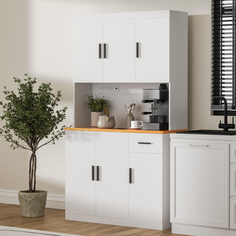 DIYART White Kitchen Pantry Cabinet, 71" Tall Kitchen Storage Cabinet with Power Outlet, Freestanding Kitchen Hutch with countertop DIYART