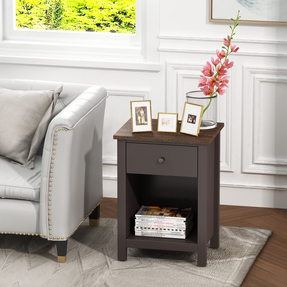 ChooChoo Nightstand with Charging Station, Wooden Top Bedside Table with Drawer and Storage Space for Bedroom, Espresso ChooChoo