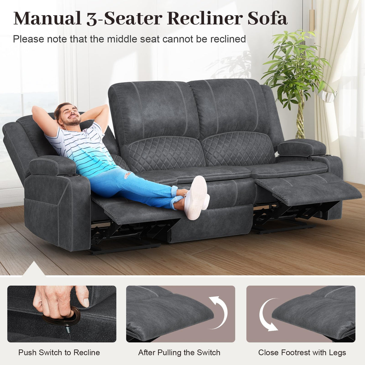 Yolsali 3-Seater Recliner Sofa, Manual Reclining Couch with Multi-Functional Middle Seat, Reclining Sofa for Living Room with Hidden Storage Space, Cup Holders, and Removable Console - Grey Yolsali