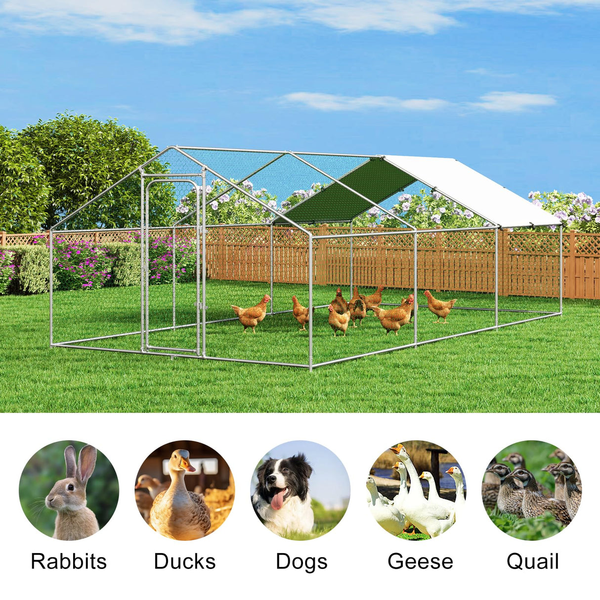 Large Metal Chicken Coop Walk-in Poultry Cage Hen Run House with Waterproof and Anti-Ultraviolet Cover for Backyard Farm Garden, Cage for Rabbits Duck Spire Roof(10’ W x 19.7’ L x 6.4’ H) Rupzen