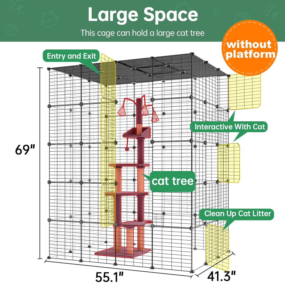 Eiiel Large Cat Cage Indoor Cat Playpen Metal Wire Kennels Crate Ideal for 1-4 Cats, 54 L x 41W x 69 H Inch, Black Eiiel